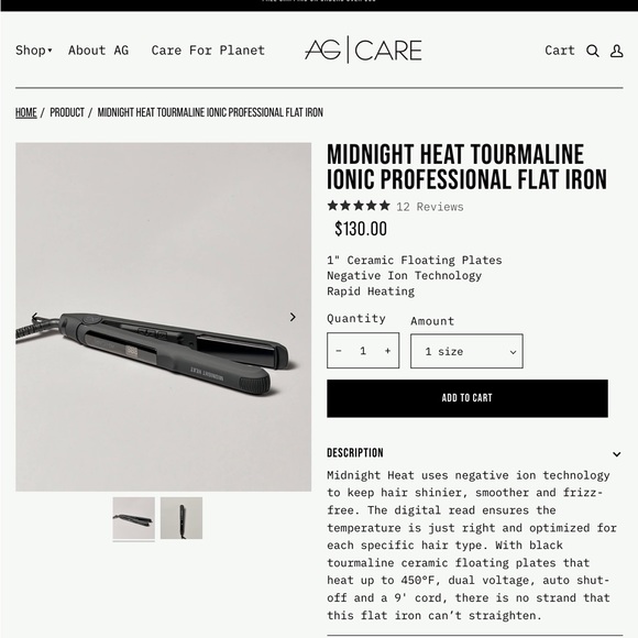 AG HAIR CARE MIDNIGHT HEAT TOURMALINE IONIC PROFESSIONAL FLAT IRON NIB - Picture 5 of 5